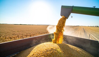 Golden kernels flow from a harvester into a truck bed under a clear, bright sky, with harvested fields stretching to the horizon