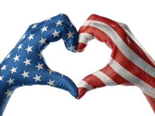 American flag painted hands forming a heart shape on a white background in a studio shot