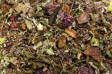 Herbal tea blend featuring a variety of dried leaves, flowers, and herbs, showcasing vibrant colors and textures, perfect for relaxation and wellness concepts