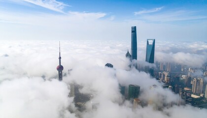 City skyscrapers piercing through a thick blanket of morning fog under a bright blue sky, creating an ethereal and dreamy urban landscape