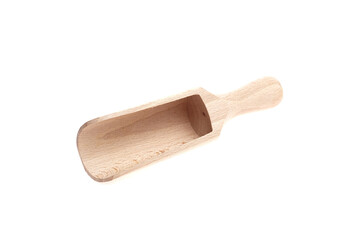 Wooden scoop with a smooth finish, showcasing natural grain patterns, ideal for kitchen use, food...