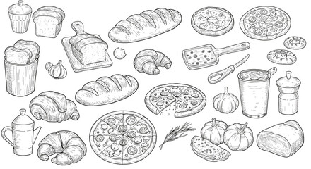Hand drawn bakery and pizza items with rustic bread and pastries