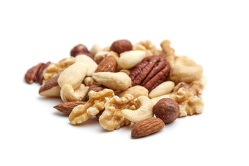 A pile of assorted nuts, featuring pecans, walnuts, almonds, cashews, hazelnuts, and Brazil nuts, arranged on a white background for detail clarity