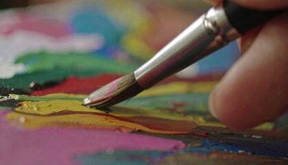 Close-up shot of a hand holding a paintbrush, blending yellow paint on a colorful palette. Soft, natural lighting illuminates the artistic scene