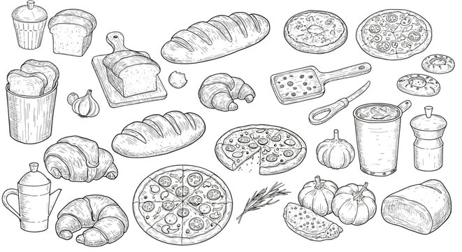Hand drawn bakery and pizza items with rustic bread and pastries
