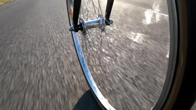 Closeup of a bike wheel in motion asphalt ground visible slightly blurred motion