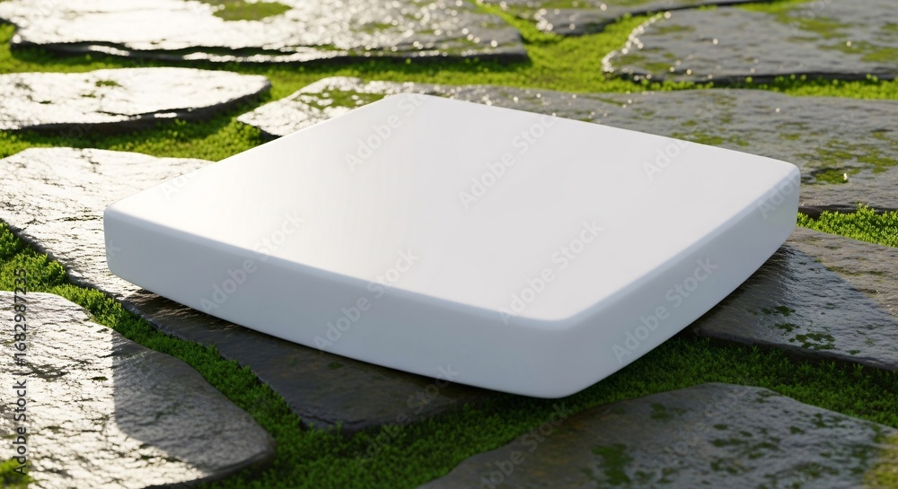 Poster smooth white square object on wet flagstones and grass