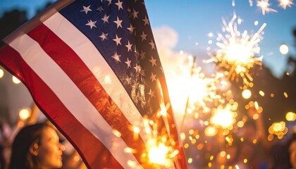 Festive image featuring an American flag against a blurry background of people holding sparklers, creating a joyful, celebratory atmosphere on a summer evening