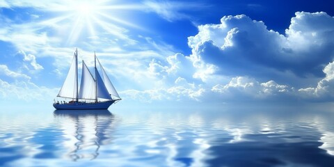 Fototapeta premium Sailboat Gliding Across Tranquil Waters Under a Bright Blue Sky with Fluffy White Clouds Above