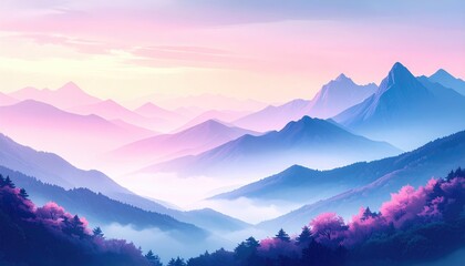 Serene landscape features layered mountains in pastel shades of blue, purple, and pink, shrouded in soft mist under a gentle, rosy sky