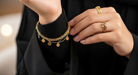 Graceful hands of a woman in a black abaya, beautifully decorated with intricate gold jewelry, highlighting cultural luxury and elegance