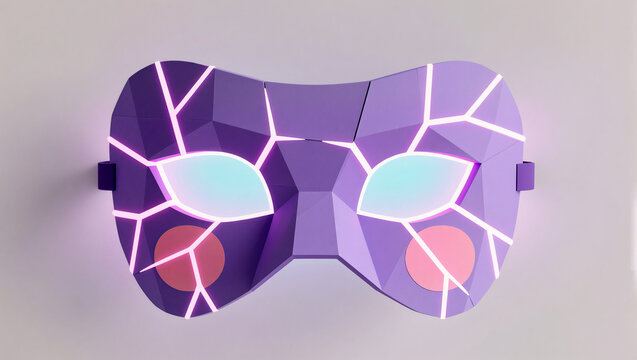 Creative purple geometric mask with glowing accents and cracks