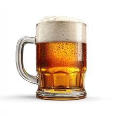 A glass mug filled with light amber beer, topped with a generous head of foam.  The mug is clear glass with a handle, and sits on a plain white background