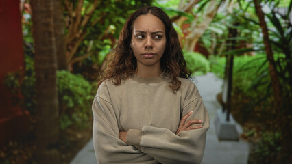 Naklejka premium Woman with arms crossed and narrowed eyes standing on street pathway lined with green plants and trees in a park wearing beige sweatshirt; frustration.