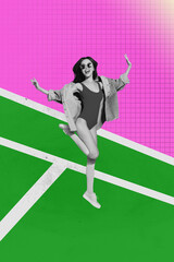 Pop trendy 3d zine vertical art collage of happy sportswoman girl stand field game winning...