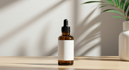 Naklejka premium Elegant amber serum bottle with white label, soft light, botanical shadows
