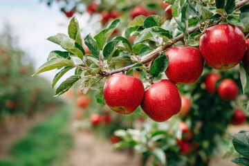 Obraz premium Close-up of vibrant red apples hanging ripe on a tree branch in a sunny orchard, ready for harvest.