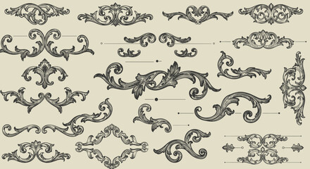 Vintage ornamental flourishes and swirls collection in detailed black line art