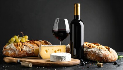 Still life wine bottle, glass of red wine, cheeses, grapes, bread on a wooden board against dark background. Elegant & appetizing