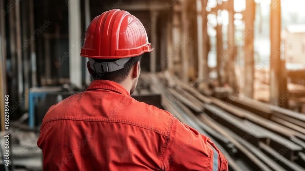 Poster Factory worker observing progress in industrial setting