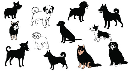 Fototapeta premium Silhouettes and outlined dogs: diverse breeds in black and white style
