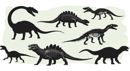 Silhouette dinosaur skeletons: prehistoric creatures in detailed fossil designs