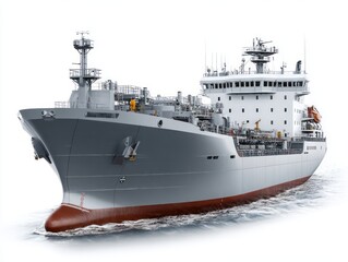Naklejka premium A full view of a large, modern tanker ship, gray and white, positioned on a white background, showcasing its intricate details and powerful presence.