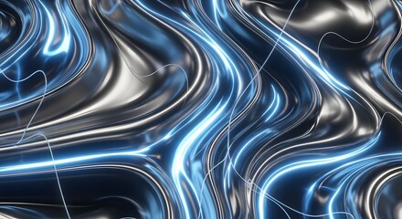 Abstract blue background with flowing lines and metallic wave texture