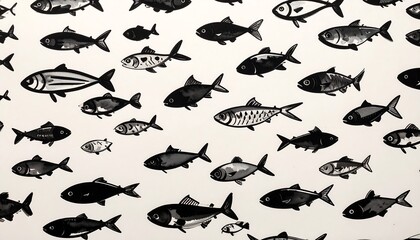 A monochrome pattern of various fish swimming
