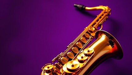 Fototapeta premium Gleaming golden saxophone rests against a rich purple backdrop, texture, tone