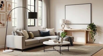 Modern living room with sectional sofa and arc lamp