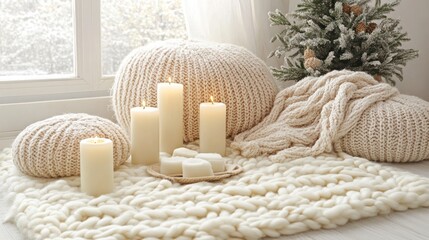 Festive winter window scene with glowing candles and cozy knitted items