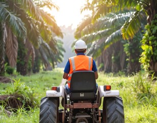 Palm Oil Plantation Worker on Tractor, Back View