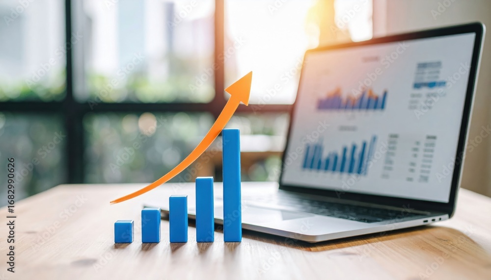 Poster a laptop displaying data charts and graphs with an upward trend represents growth and success in bus