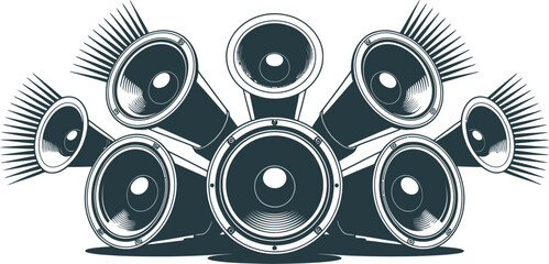 Abstract arrangement of multiple vintage audio speakers in a radiating pattern