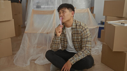 Young man relaxing in a new home surrounded by cardboard boxes in a modern apartment living room,...