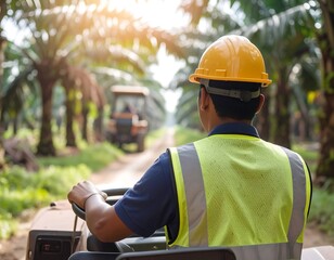 Worker in safety gear driving a vehicle through a sun-drenched plantation, representing dedicated agricultural labor