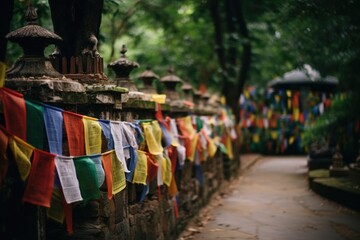 Tibetan prayer flags city spirituality architecture.