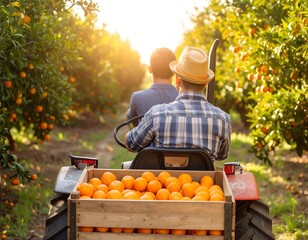 Two farmers seen from behind driving a tractor with a wooden crate full of harvested oranges through an orchard at sunset