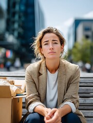 Fototapeta premium A woman sits on a bench with her belongings, symbolizing job loss, unemployment, and the emotional burden of starting over in a challenging economy.
