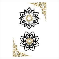 Luxurious Golden Floral Ornament on Black Background,Vibrant Vegetable Mandala Composition for Healthy Eating and Wellness Concept,Colorful alpona image silhouette vector style, white background