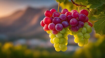 Fototapeta premium Sunset Vineyard: Red and Green Grapes Hanging on Vine