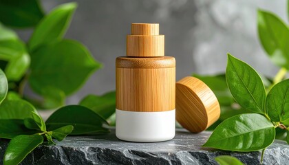 Wooden jar stands amidst vibrant green leaves, atop dark textured stone. Natural light enhances details of bamboo & white plastic container