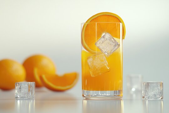 A tall glass of chilled orange juice, garnished with an orange wheel and ice cubes, sits on a reflective surface.  Three oranges and additional ice are artfully blurred in the background