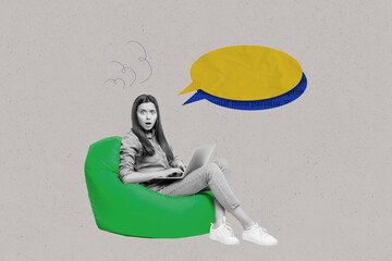Composite zine pop trend collage of happy girl guy stand colorful bubble communication speech...