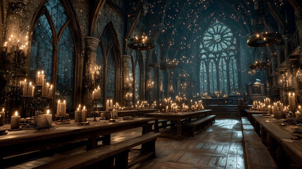 Fototapeta premium Dark medieval dining hall illuminated by candles and stained glass 