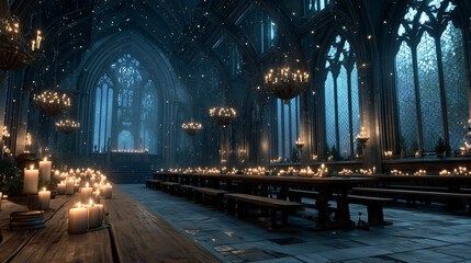 Gothic dining hall with candles and dim lighting in a castle