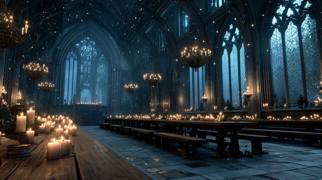 Gothic dining hall with candles and dim lighting in a castle  