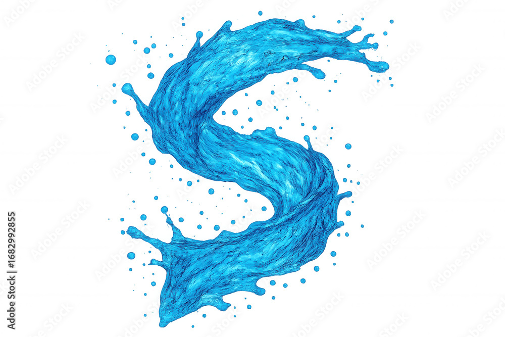 Poster curved water splash creating dynamic liquid droplets, transparent backdrop highlighting fluid motion