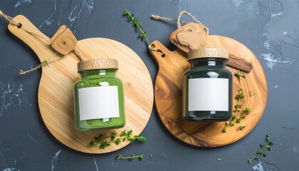 Two jars, green and black, sit on wooden boards with sprigs of thyme on a mottled grey surface, creating a minimalist, natural aesthetic